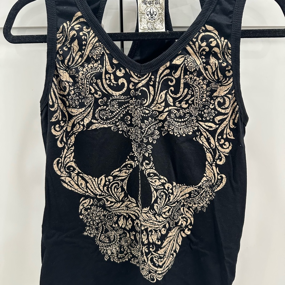 Vocal Black and Gold Ornate Skull Tank Top L